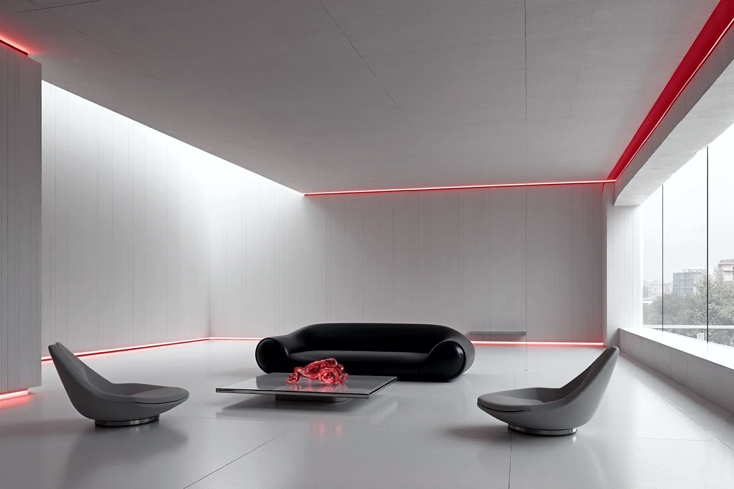 Interior study, monochrome with cherry accents